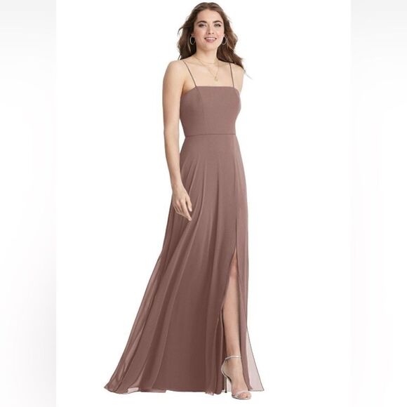 Lovely Square Neck Chiffon Maxi Dress with Front Slit - Picture 1 of 5